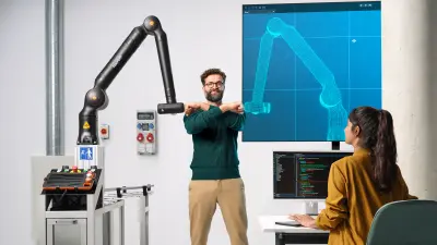 Deux associés jouent au baby-foot avec un robot d'assistance Bosch Rexroth APAS.