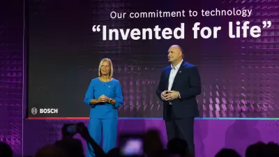 Tanja Rückert, Member of the Bosch board of management and Paul Thomas, President of Bosch in North America, at the CES press conference 2026.